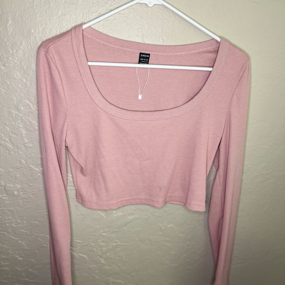 SHEIN Pink Long Sleeve Fitted Crop Blouse